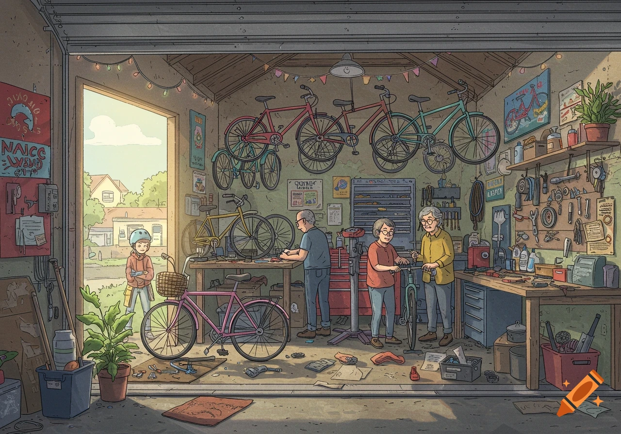 Illustrated garage converted to a bicycle workshop, with people repairing bikes and tools on shelves.