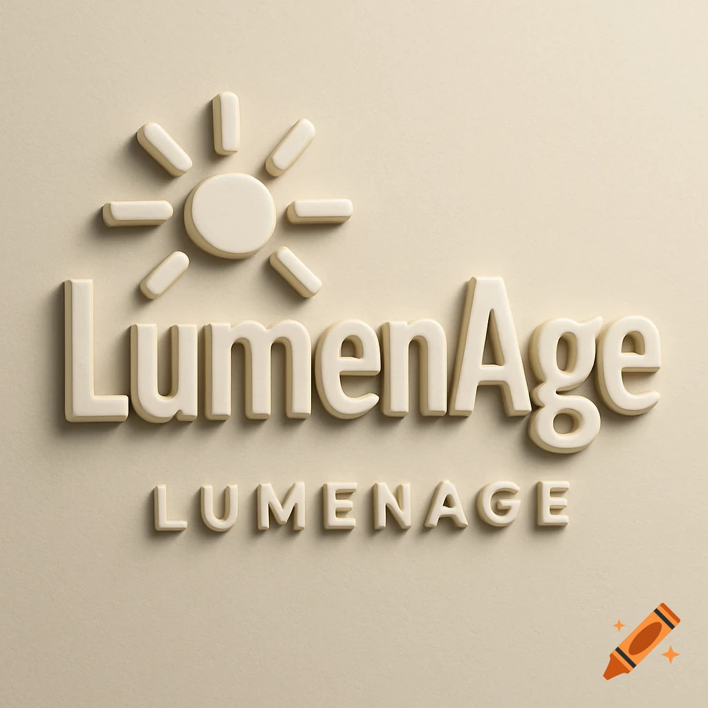 A 3D rendered logo for LumenAge with a sun symbol above the main text and 'LUMENAGE' below.