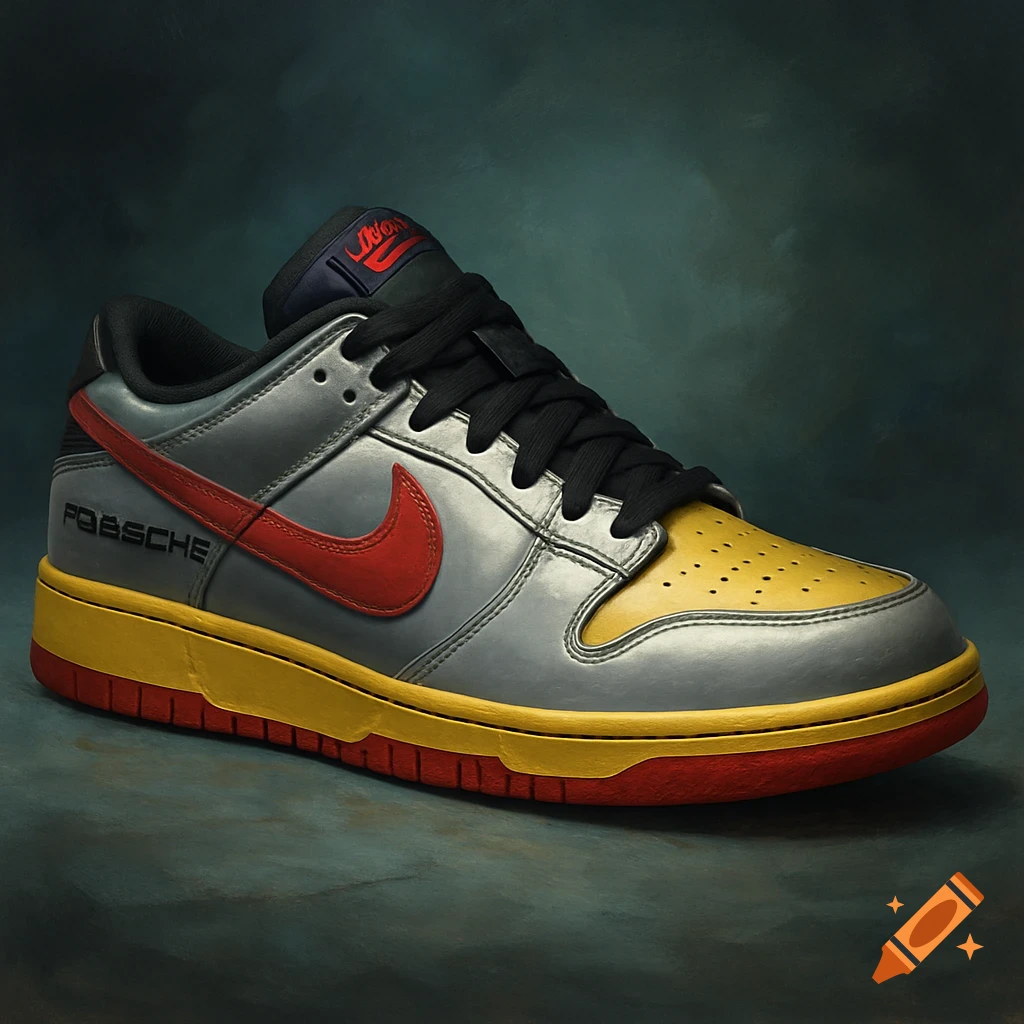 A photorealistic Nike Dunk shoe with a silver-grey upper, red swoosh, yellow toe box, and red and yellow sole.