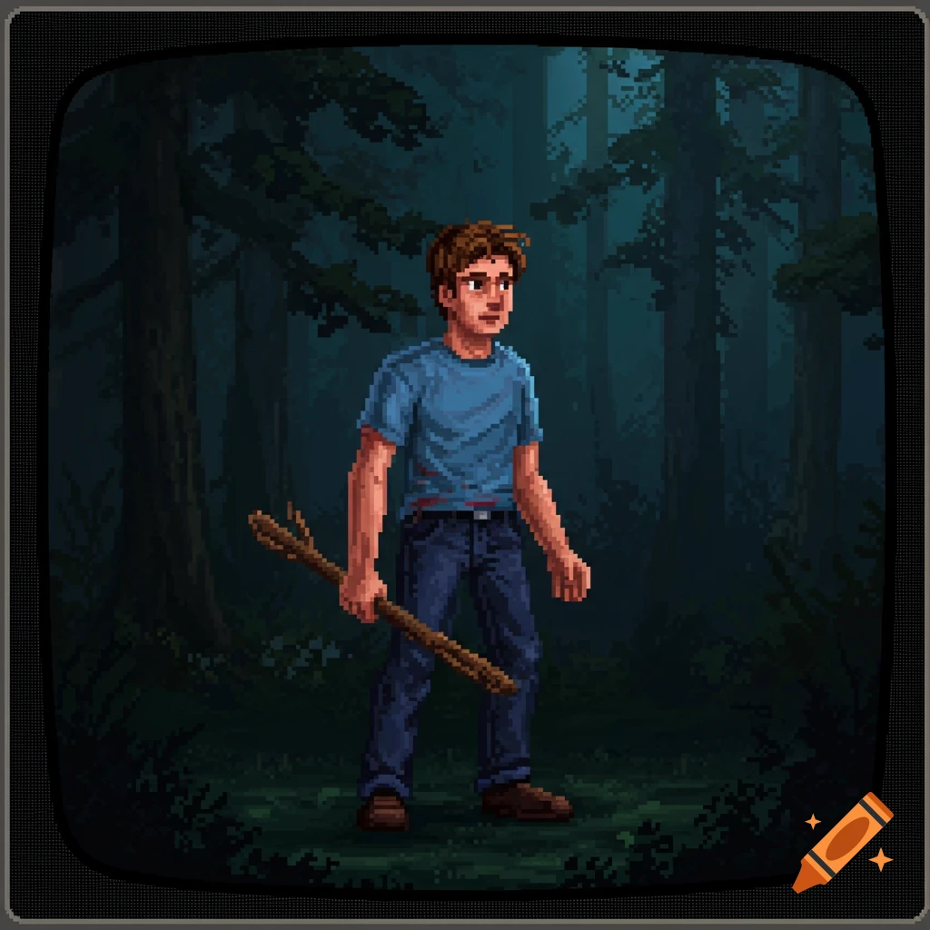 A pixel art image of a young male video game protagonist holding a stick in a dark, pixelated forest.