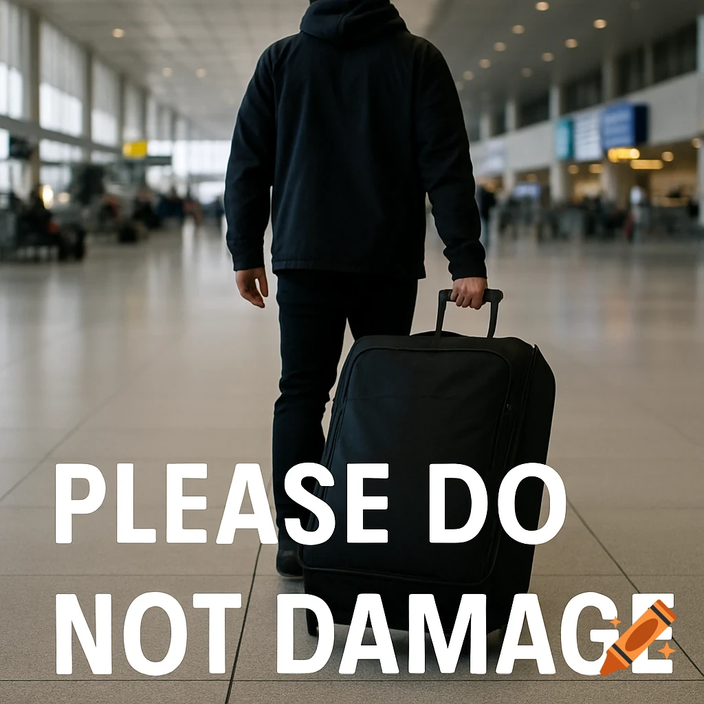 A person in dark clothes pulls black luggage through a brightly lit airport terminal, with "PLEASE DO NOT DAMAGE" text at the bottom. Photorealistic style.