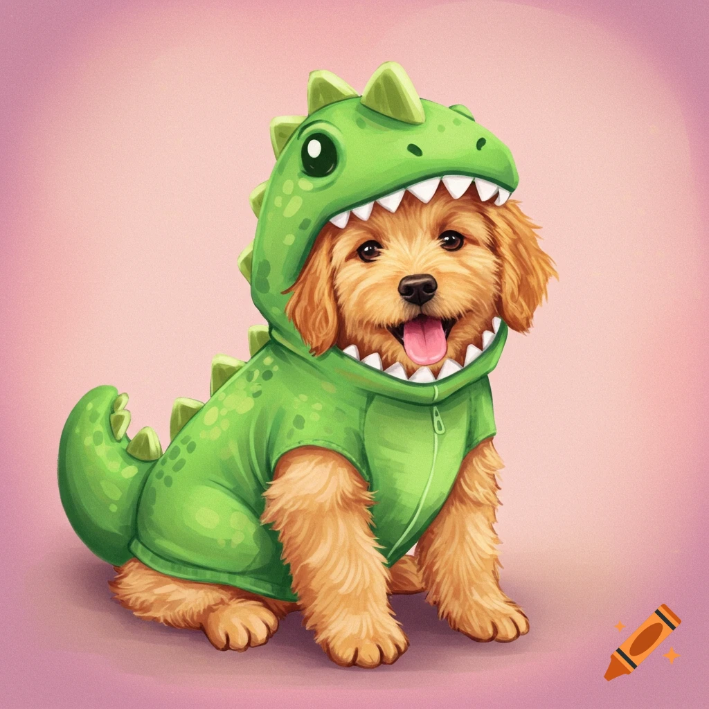A fluffy golden-brown puppy sits, wearing a bright green dinosaur costume with spikes and an open-mouth hood, against a pink background.