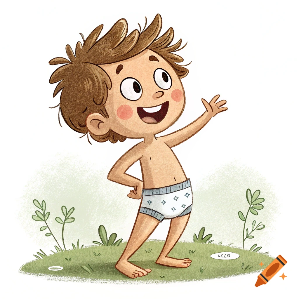 Cartoon boy in white underwear with blue patterns, standing on green grass and waving.