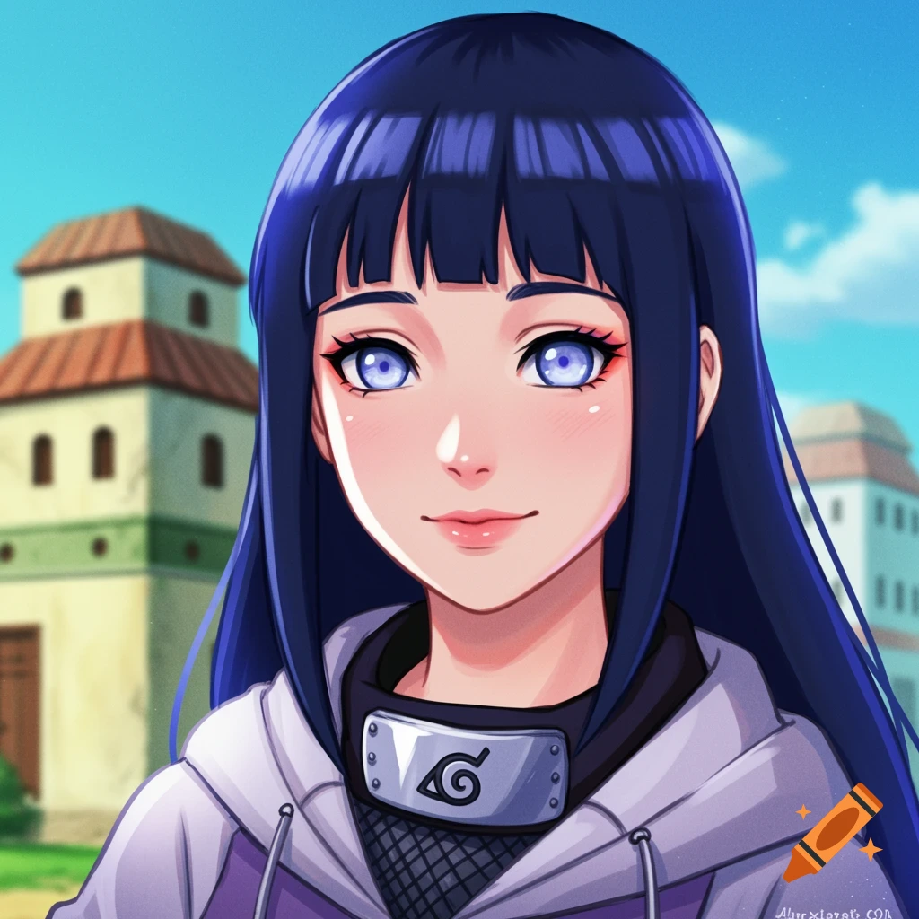 Close-up portrait of the anime character Hinata Hyuga with long dark blue hair and blue eyes, wearing a grey jacket and a Konoha headband, against a blurry village background.