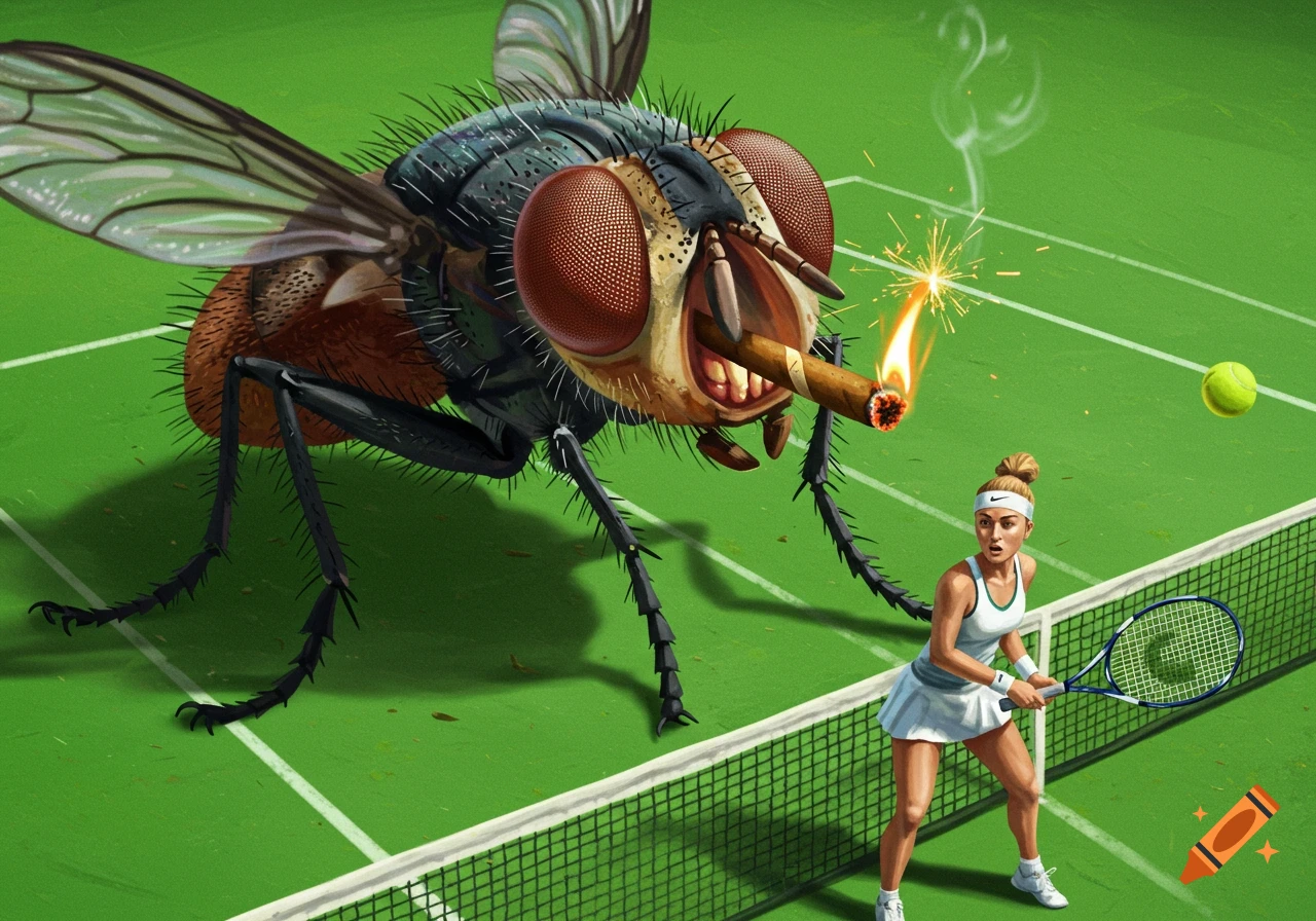 A giant, mean horsefly with a lit cigar in its mouth stands on a tennis court, facing a surprised female tennis player.