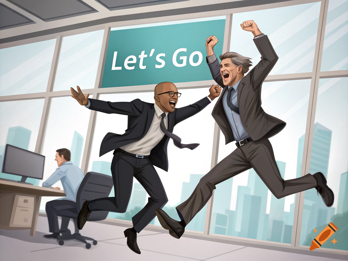 Two excited business men jump and cheer in an office with a 'Let's Go' sign, illustration.