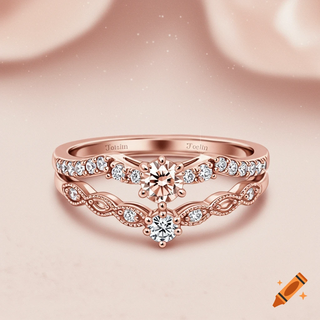 A detailed shot of a rose gold engagement ring set with a pink diamond engagement ring and a curved, vinelike diamond band.