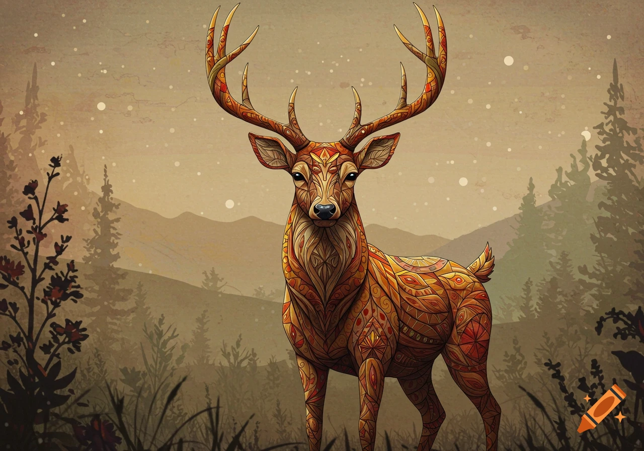 A stylized deer with intricate tribal mosaic patterns stands in a muted forest landscape.