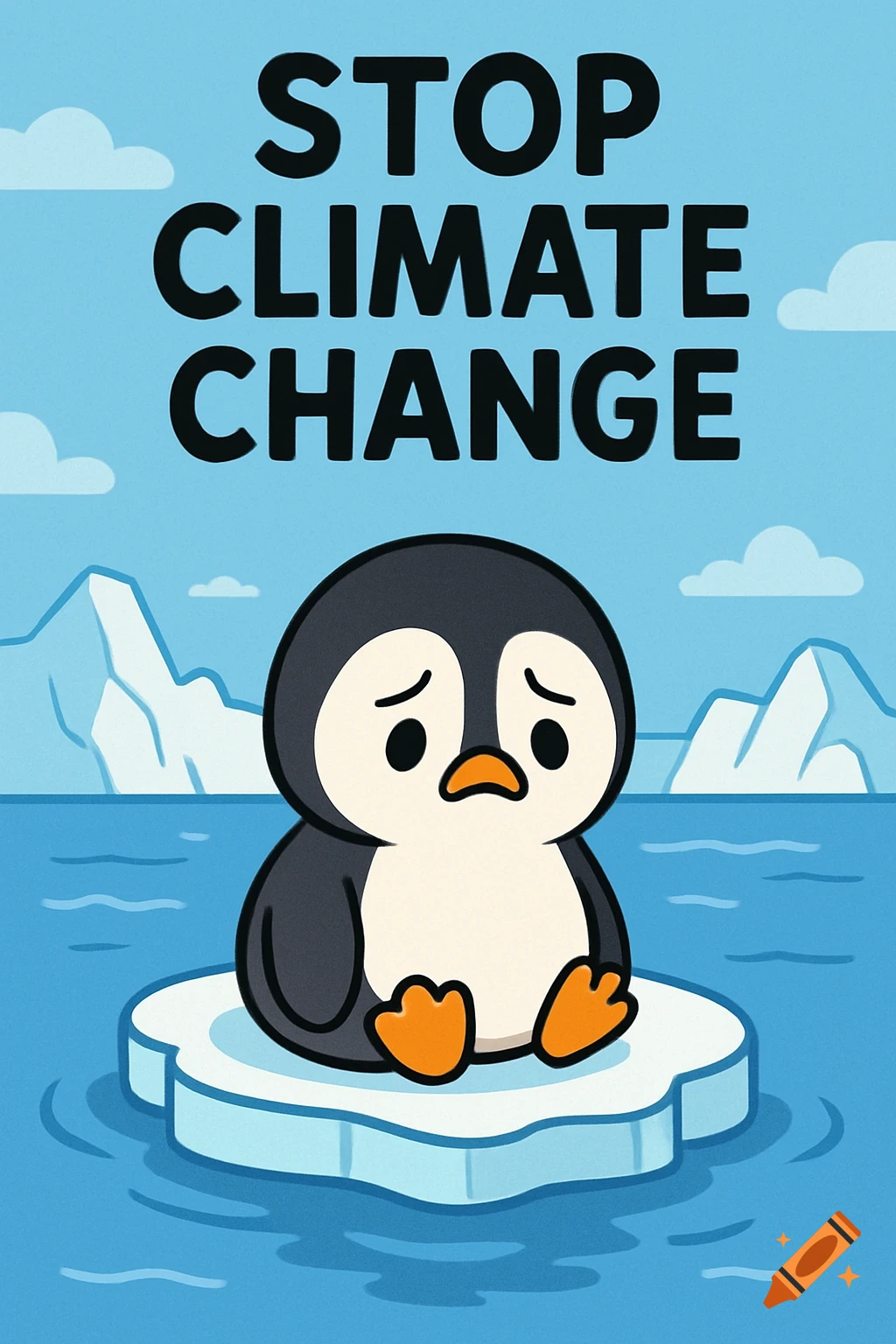 A sad cartoon baby penguin sits on a small melting ice floe in the ocean under text that reads 'STOP CLIMATE CHANGE'.