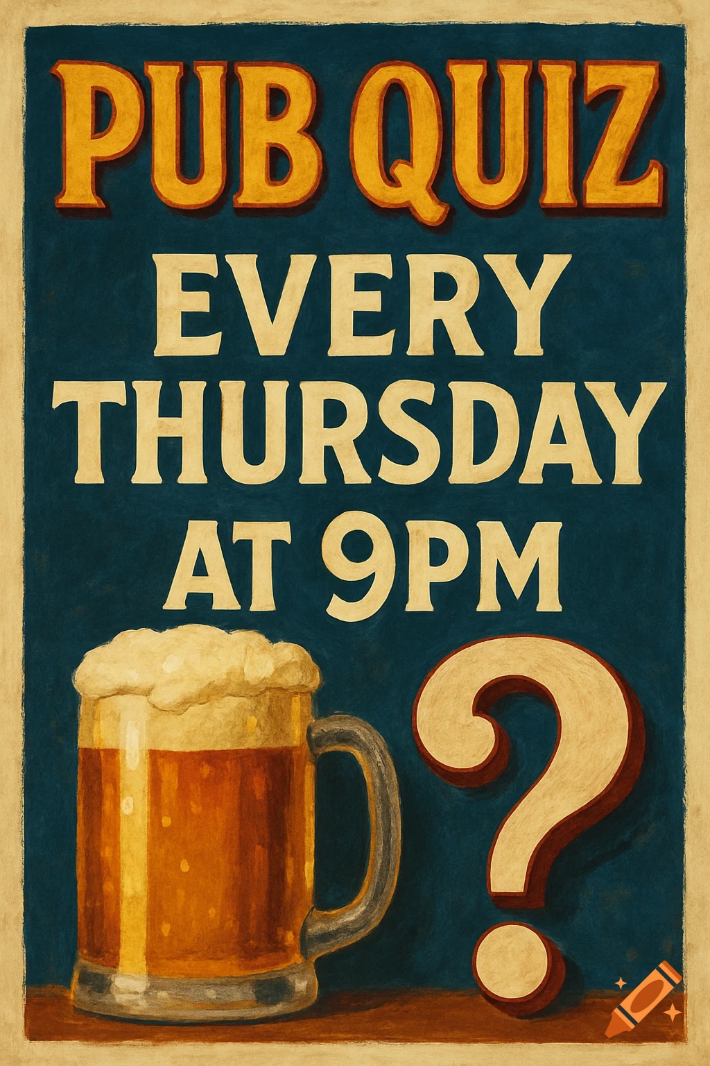 Vintage-style poster advertising a pub quiz with a beer mug and a question mark.