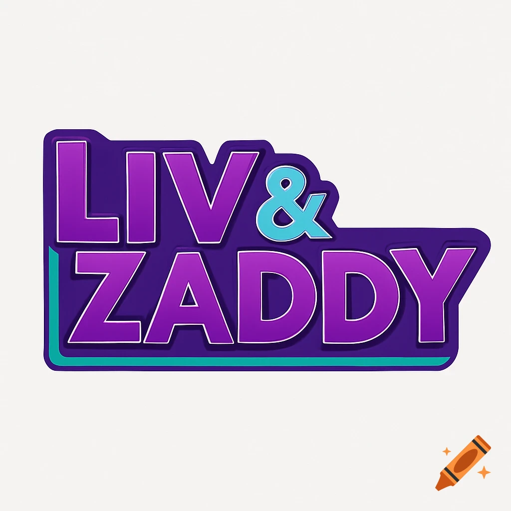 A purple and blue stylized logo with the words LIV & ZADDY in bold, cartoonish font.
