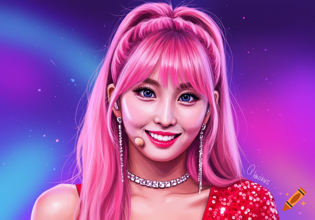 Digital art portrait of a smiling woman with bright pink hair, blue eyes, wearing a red sequined top and diamond jewelry against a purple and blue background.