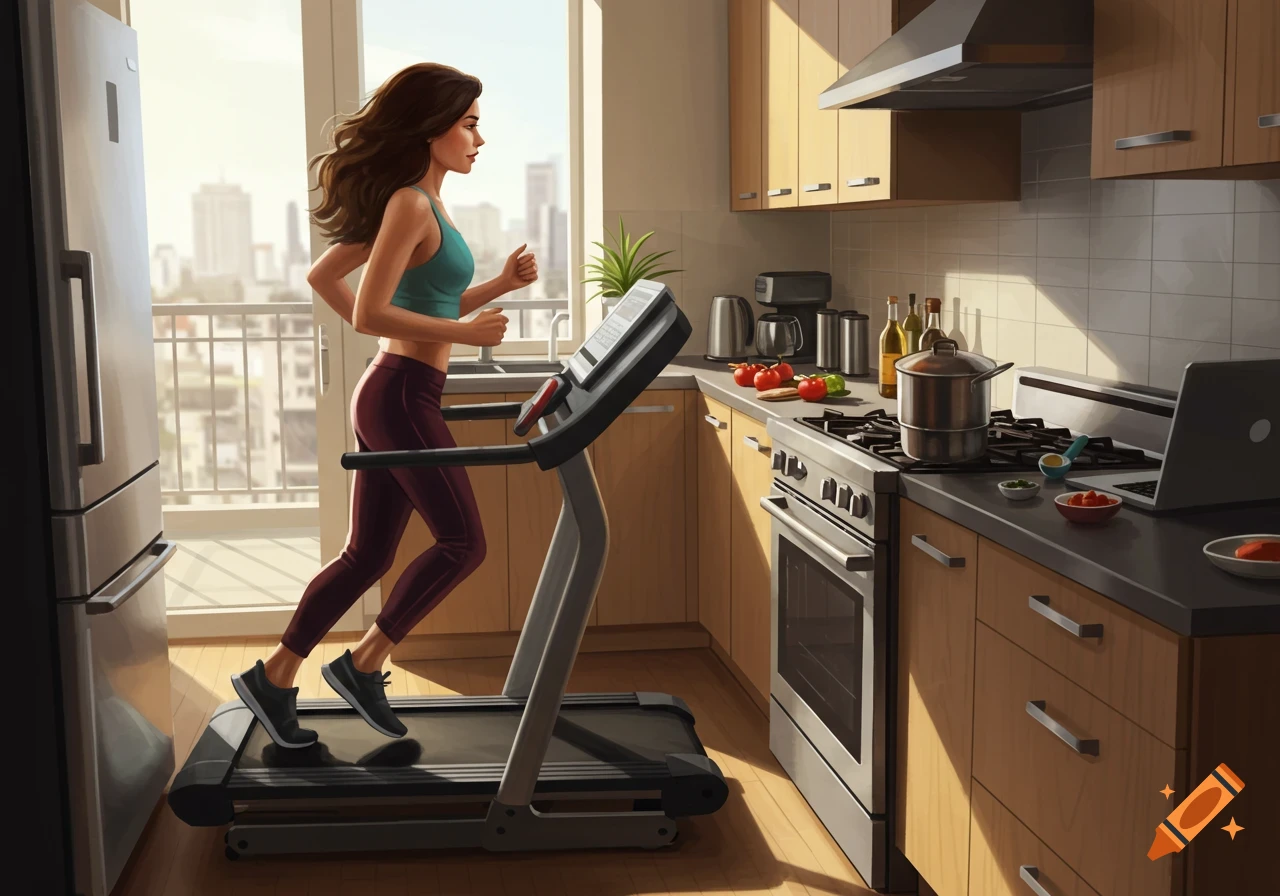 A woman runs on a treadmill in a sunlit kitchen with a laptop and cooking supplies on the counter.