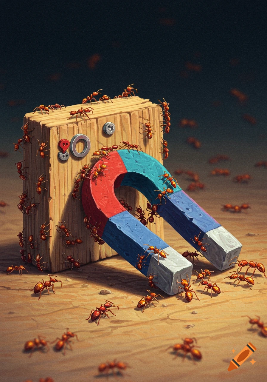 Ants crawling on and around a red and blue horseshoe magnet and a wooden block on a wooden surface.