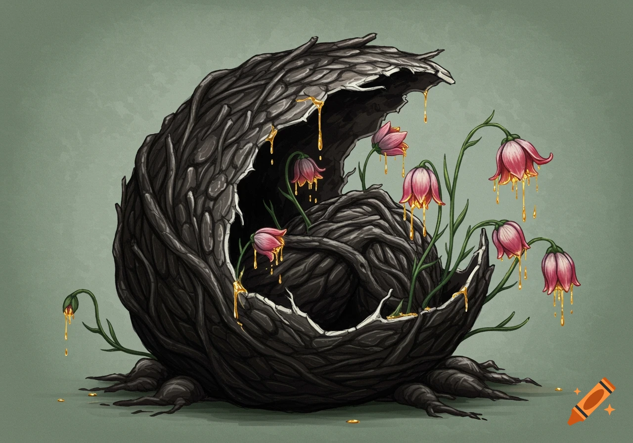 A large, dark, gnarled seed-cocoon with a cracked opening from which pink flowers drip golden nectar.