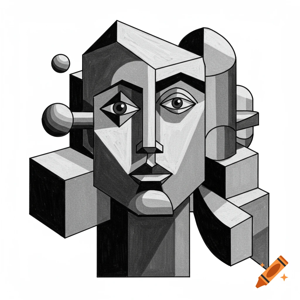 A grayscale abstract geometric cubist portrait of a person's head with sharp lines and distinct planes.
