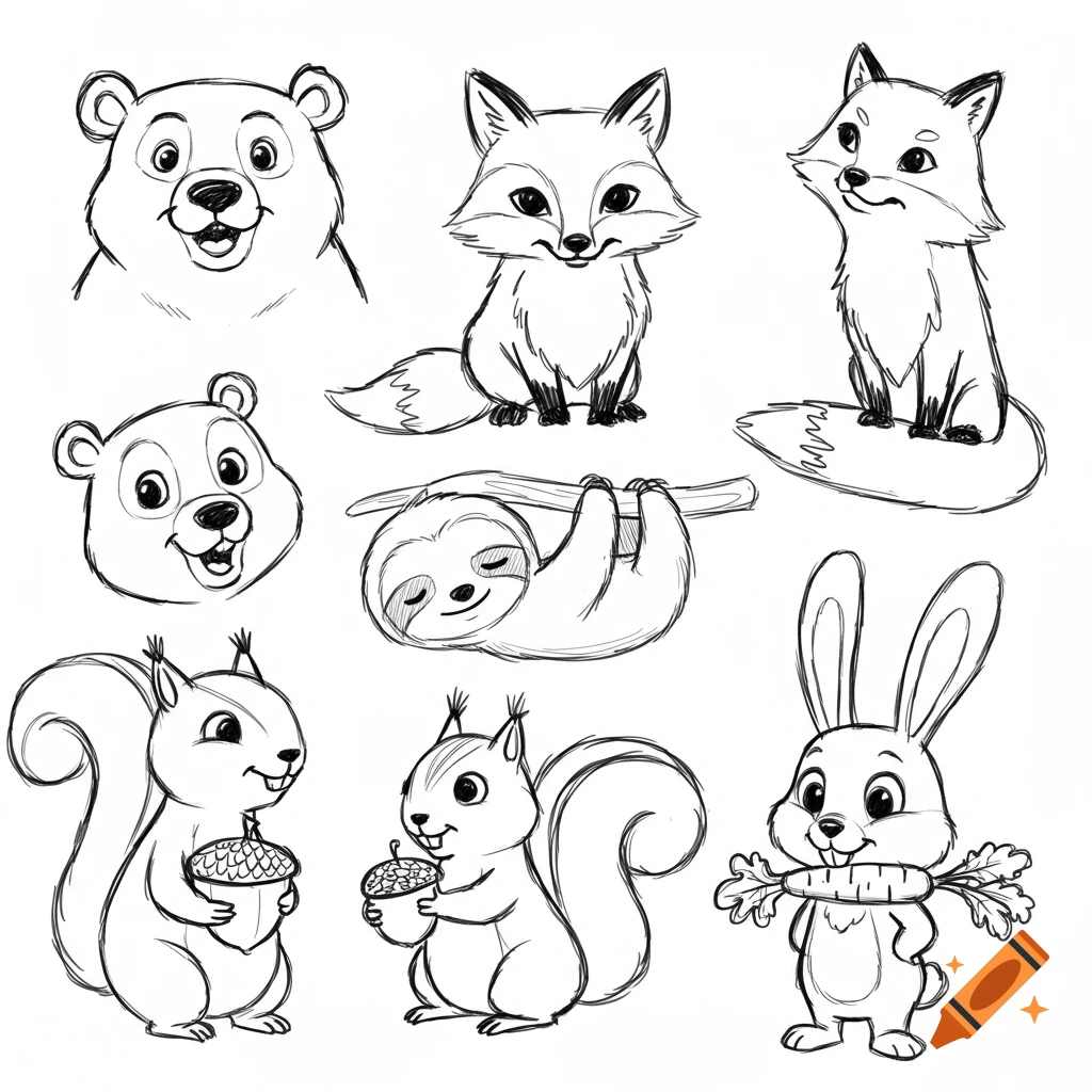 Black and white sketches of cute cartoon animals including bears, foxes, a sloth, squirrels with acorns, and a rabbit with a carrot.
