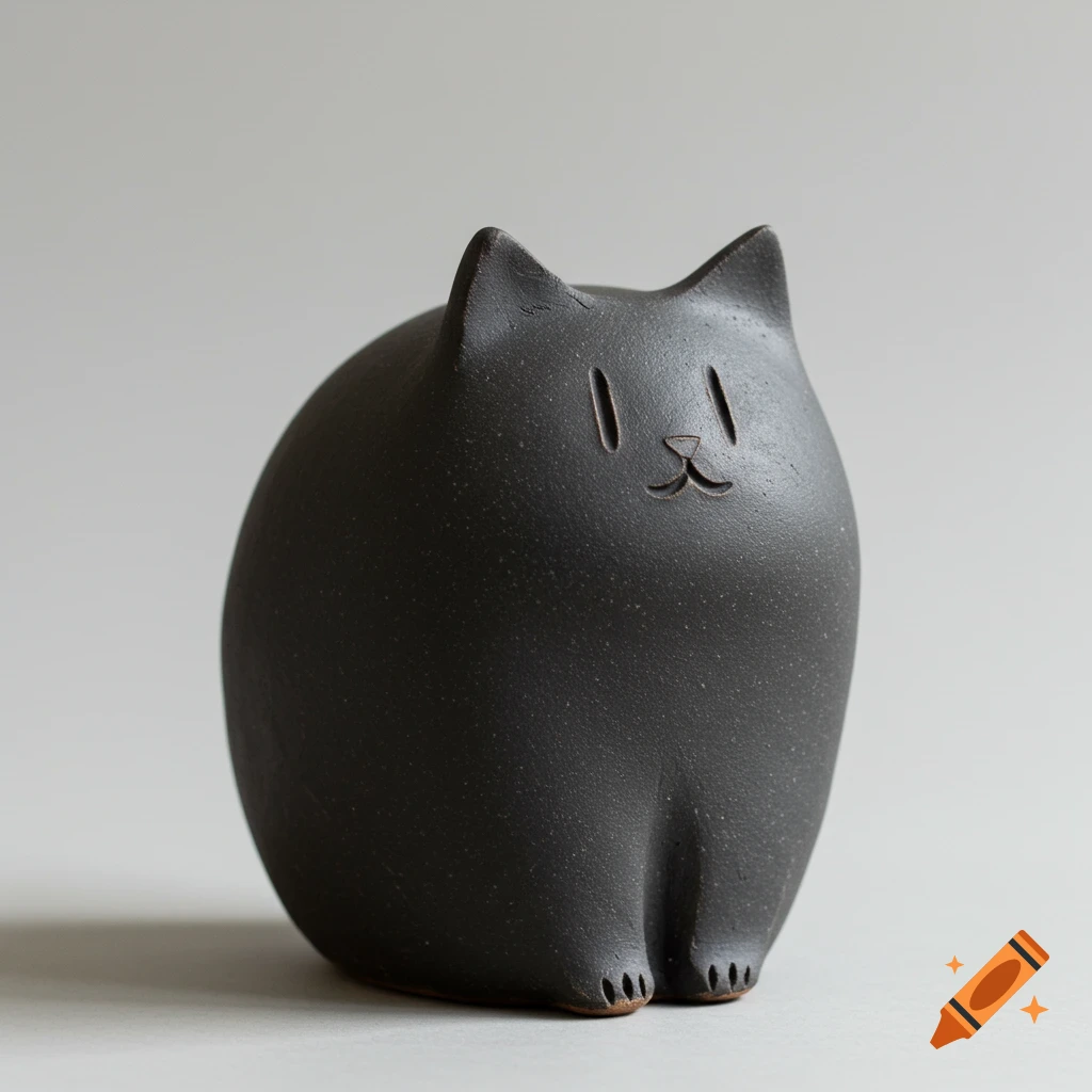 A smooth black ceramic cat figurine with minimalist features, including vertical line eyes, on a light background.