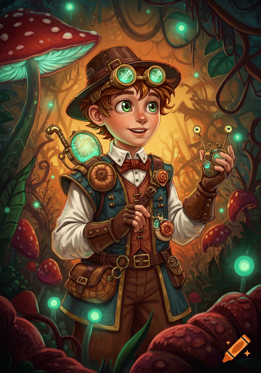 A whimsical steampunk boy with goggles and mechanical devices stands in a vibrant fantasy forest with glowing mushrooms.