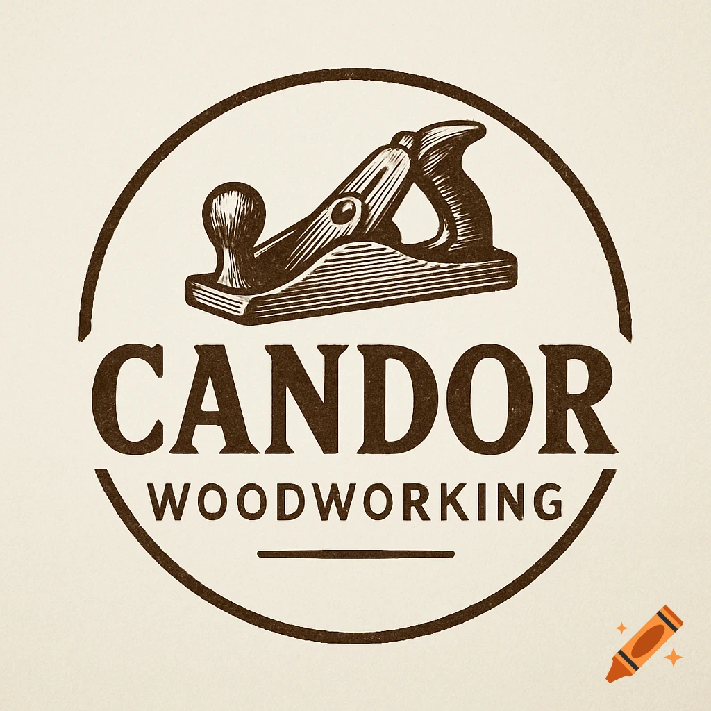 Vintage-style logo for Candor Woodworking with a hand plane inside a circular frame.