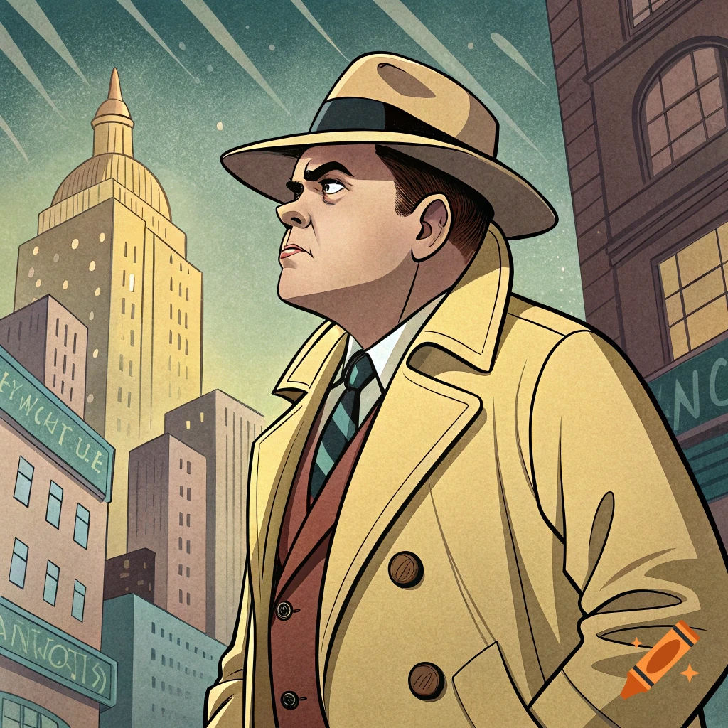 A stern-faced man in a trench coat and fedora stands in a cartoonish city setting.