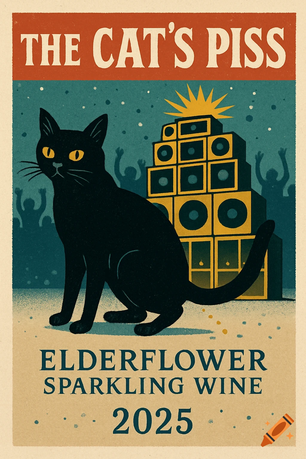 A vintage-style poster for 'The Cat's Piss Elderflower Sparkling Wine 2025' featuring a black cat, a stack of large speakers, and silhouetted party-goers.