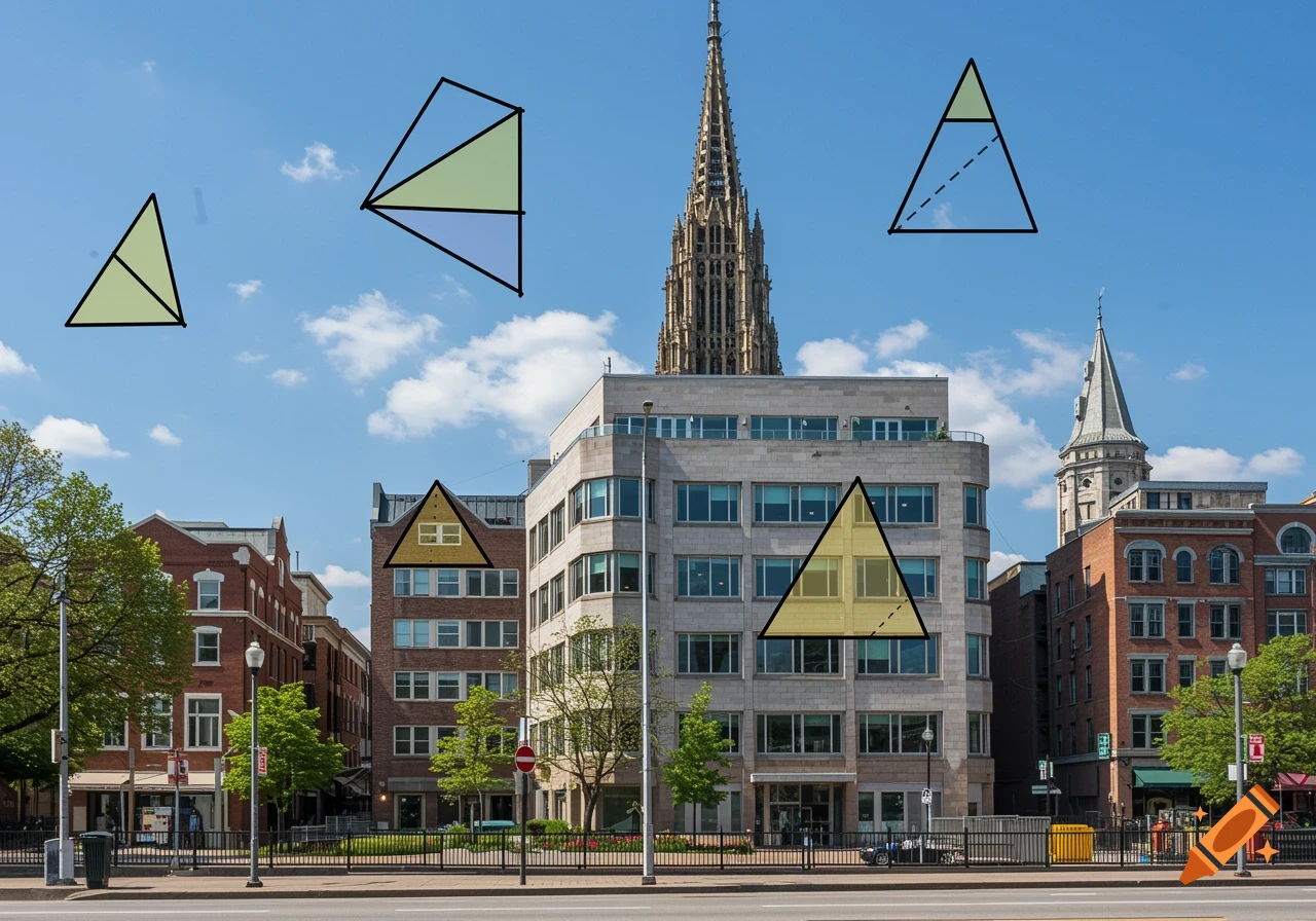 A photograph of a city street with several buildings under a blue sky, overlaid with various geometric triangles highlighted in different colors.