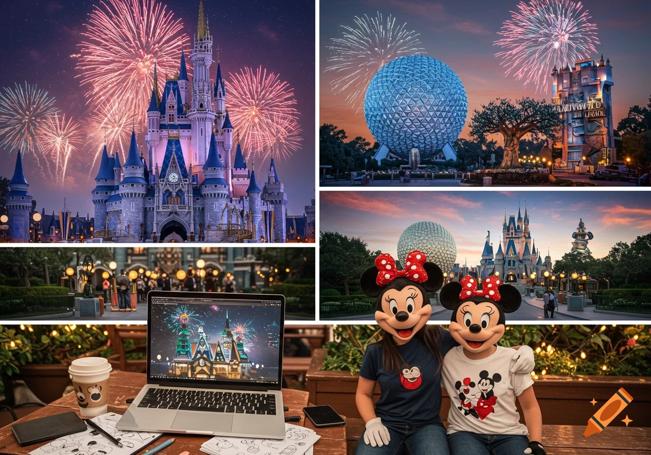 A vibrant digital illustration collage of Disney parks, featuring Cinderella Castle, Spaceship Earth, Tree of Life, and Tower of Terror, with fireworks. The bottom left shows a laptop with an image of Cinderella Castle, surrounded by notebooks, coffee, and Mickey doodles. Two people wearing Minnie Mouse heads are on the bottom right.