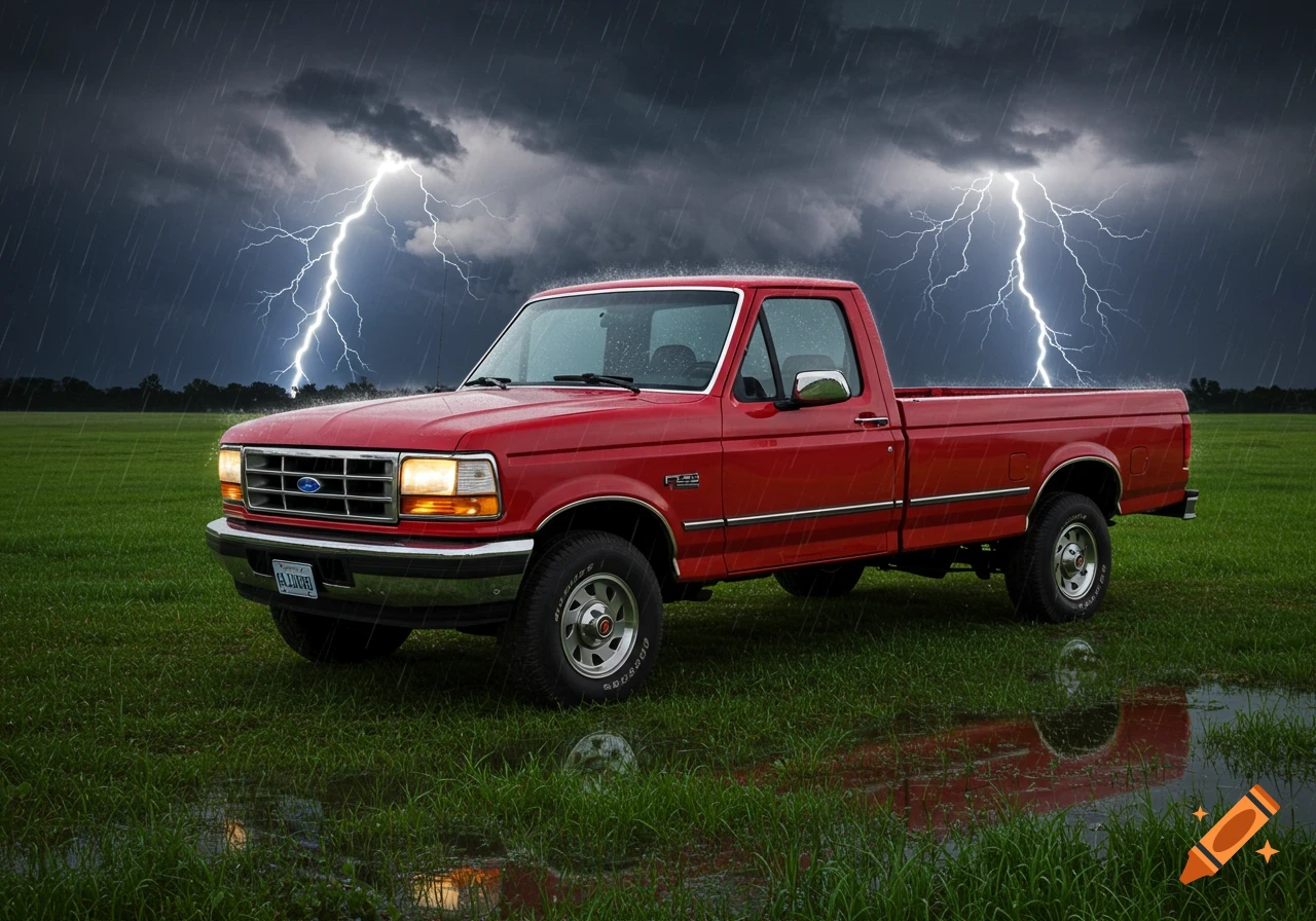 A red Ford pickup truck parked in a grassy field during a heavy rain and lightning storm. Puddles reflect the storm clouds.