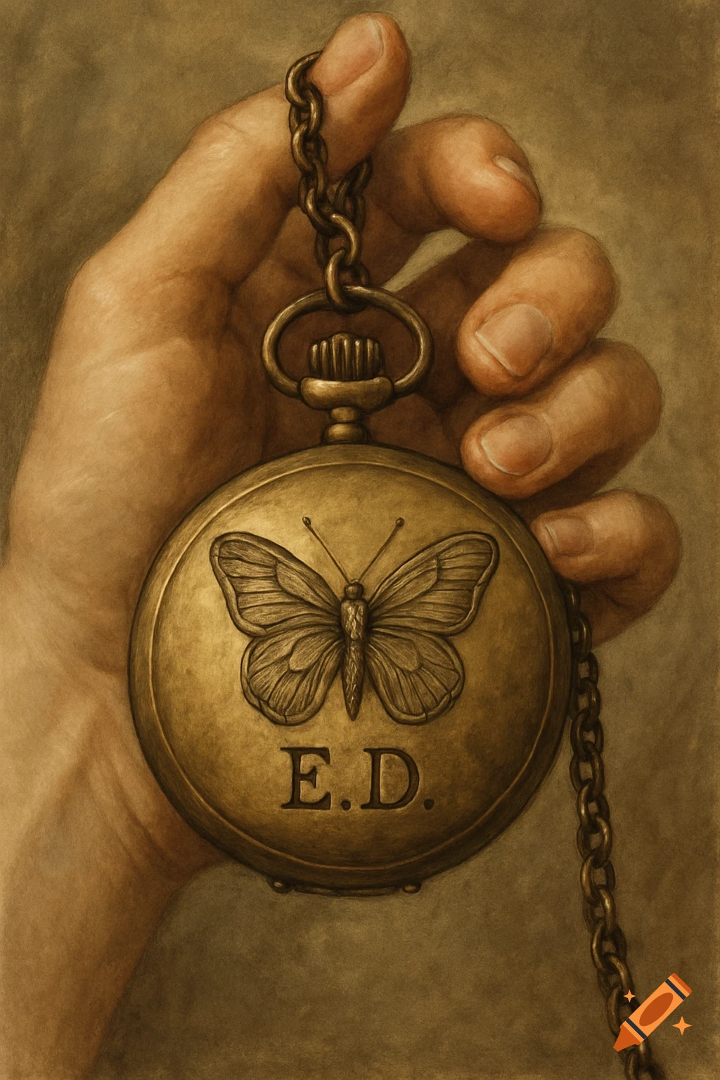 A close-up of a hand holding an antique brass pocket watch with a butterfly and the initials "E.D." engraved on its cover.