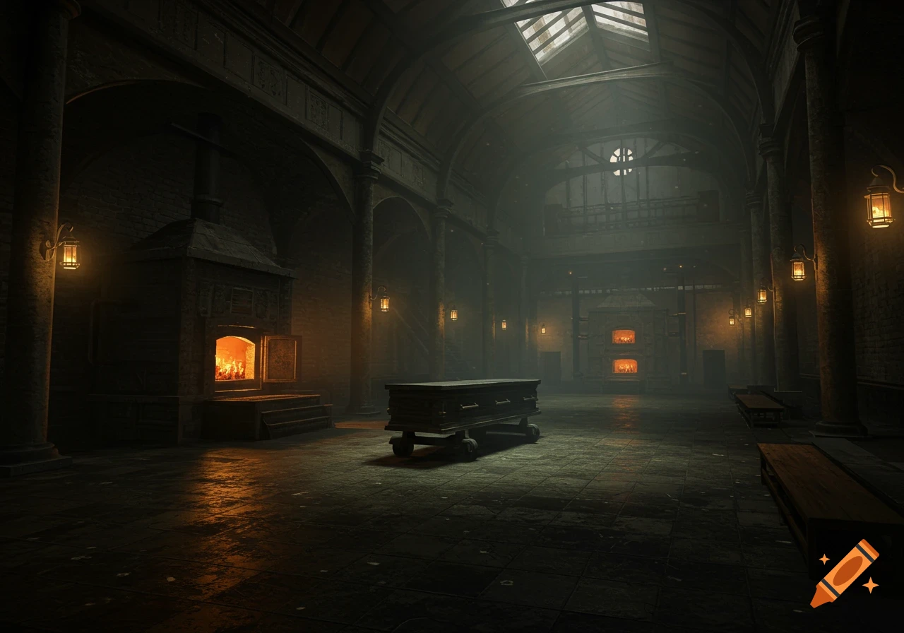 A dark and spooky large crematorium interior with glowing furnaces and a coffin on a cart in the center, lit by dim lanterns and skylights.