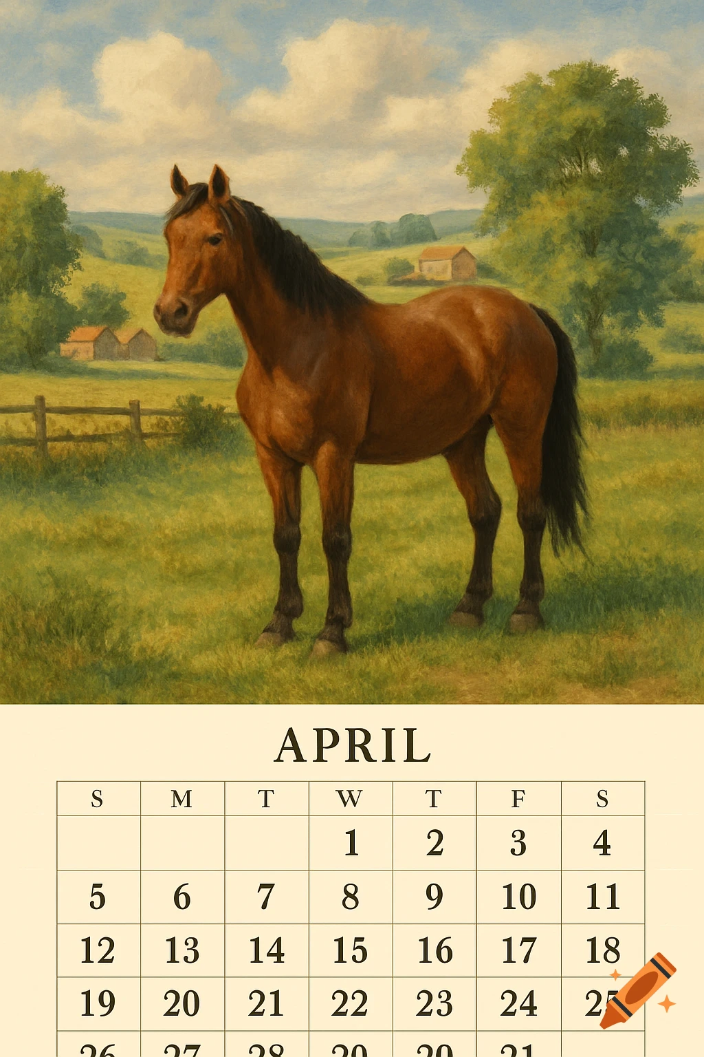 A painting of a brown horse standing in a green field under a cloudy sky, with a calendar for April below it.