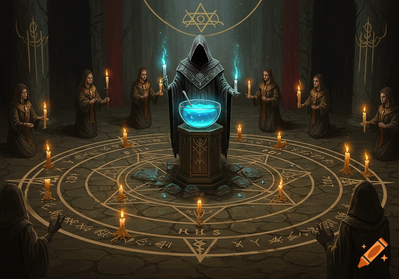 A dark fantasy art piece showing hooded figures performing a ritual in a stone chamber with a magic circle, candles, and a glowing blue bowl.