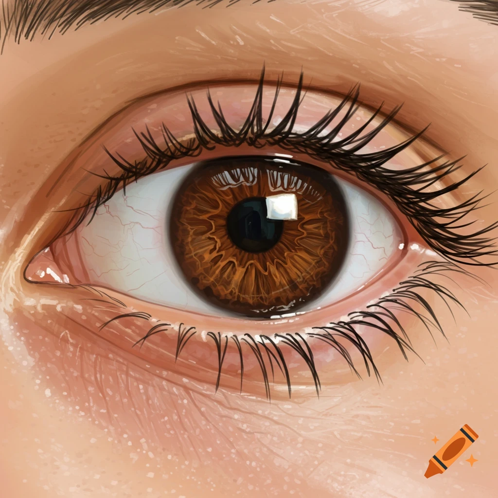 Close-up of a detailed brown eye with long eyelashes and visible skin texture.