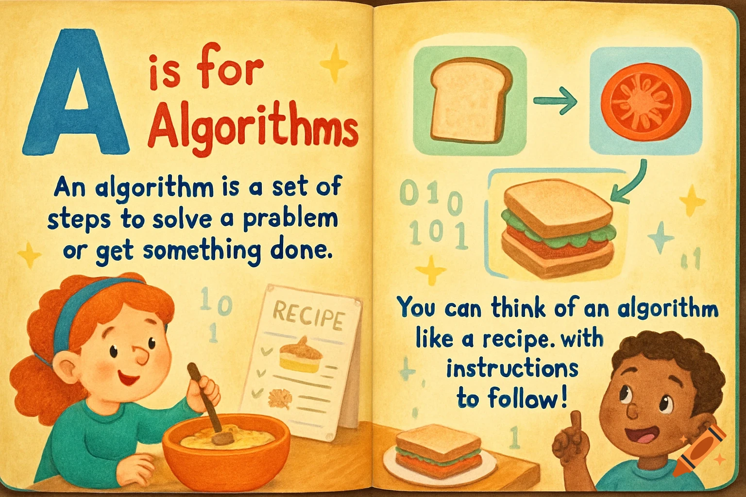 A colorful children's book spread explaining algorithms with illustrations of children, food, and text.