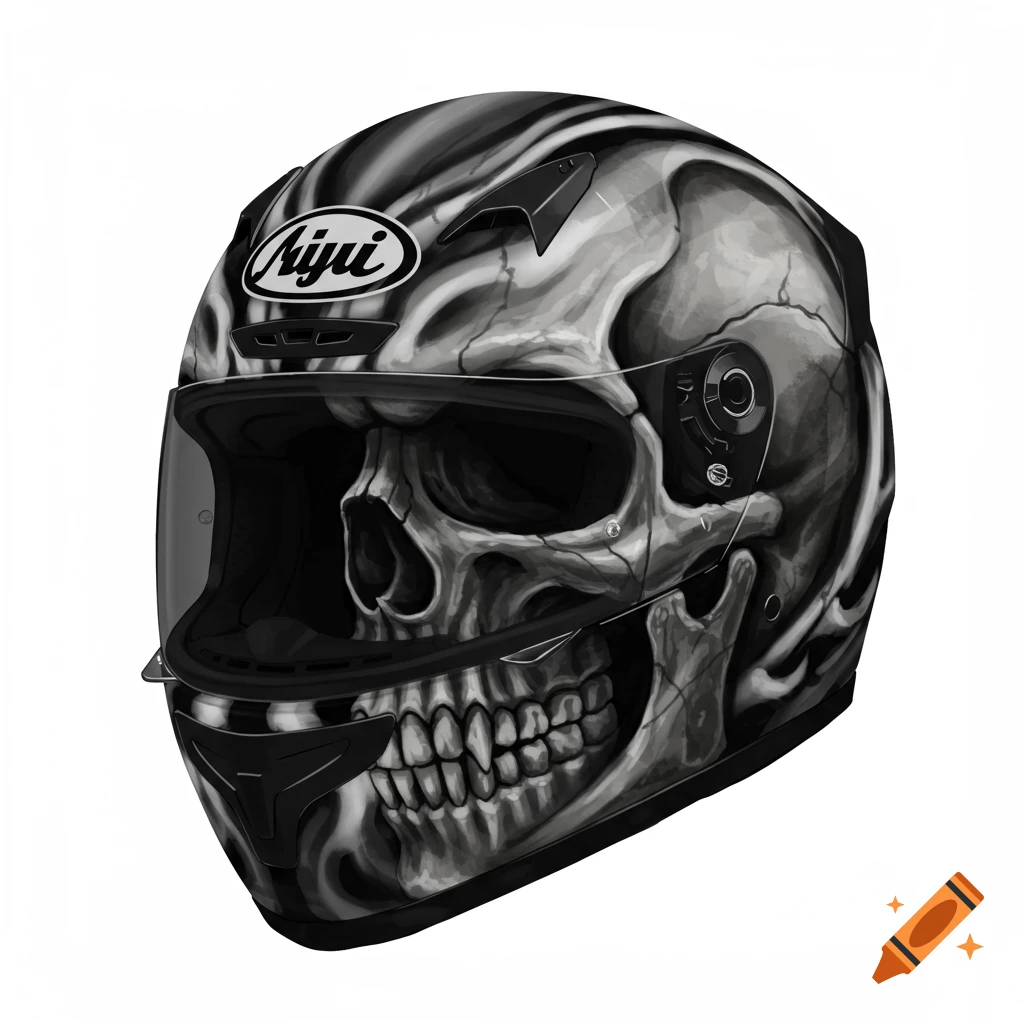 A black and white motorcycle helmet painted with a detailed skull design, including visible teeth and eye sockets, on a white background.