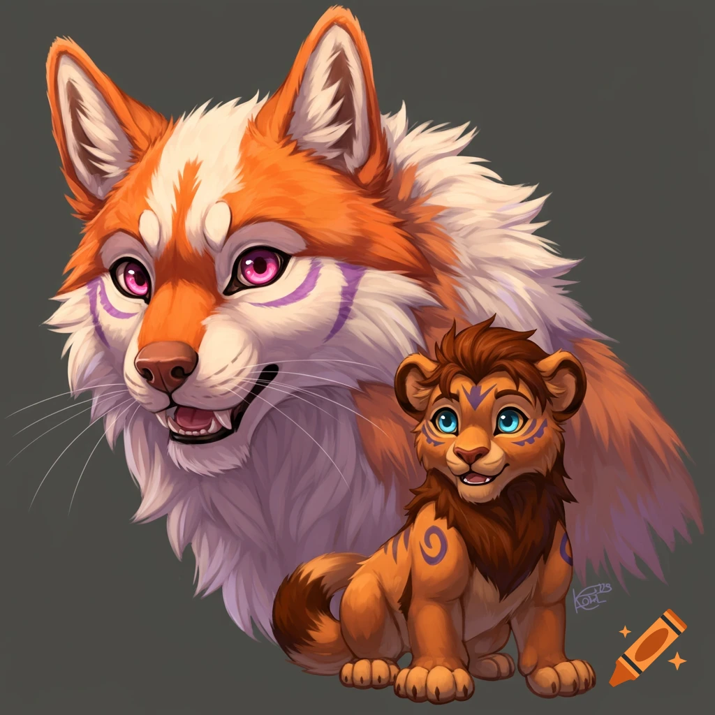 A cartoon furry wolf with orange, white, and lavender fur and pink eyes, next to a small lion cub with a brown mane, blue eyes, and orange markings.