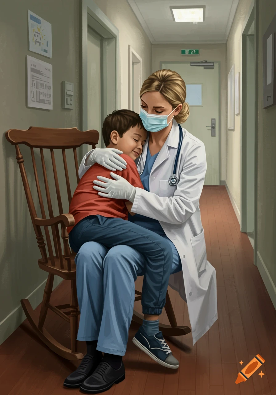 A female doctor wearing a mask and gloves hugs a young boy sitting on her lap in a rocking chair in a hospital hallway. Illustrated.