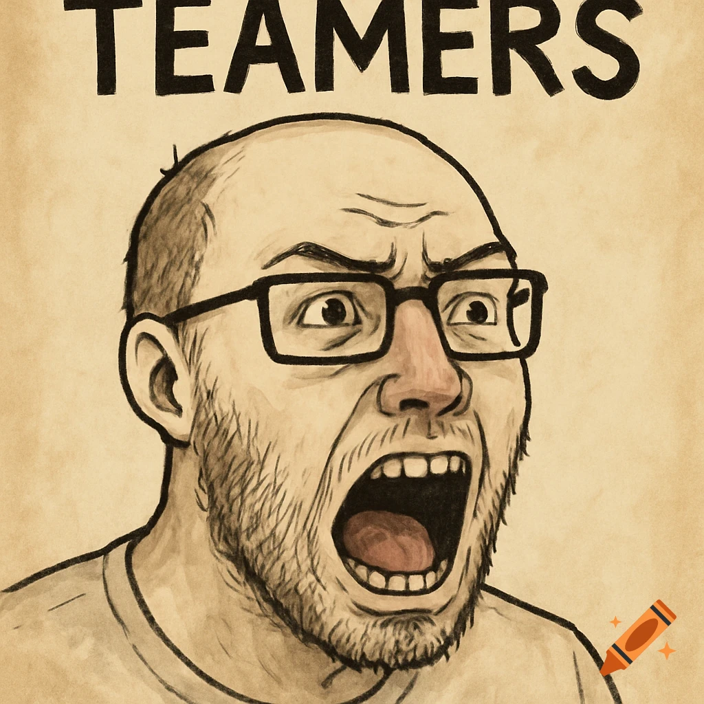 A stylized illustration of a bald, bearded man wearing glasses and screaming, with "TEAMERS" written above him.