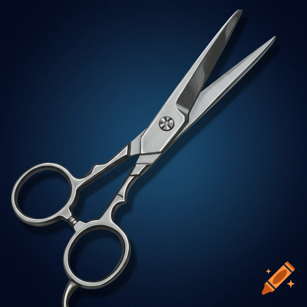 A pair of shiny silver shears with open blades, set against a dark blue background.