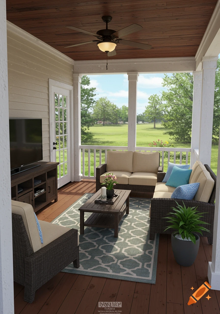 A photorealistic outdoor porch with wooden ceiling, ceiling fan, and a view of a green field. It features wicker sofas, a coffee table, a rug, and a TV.