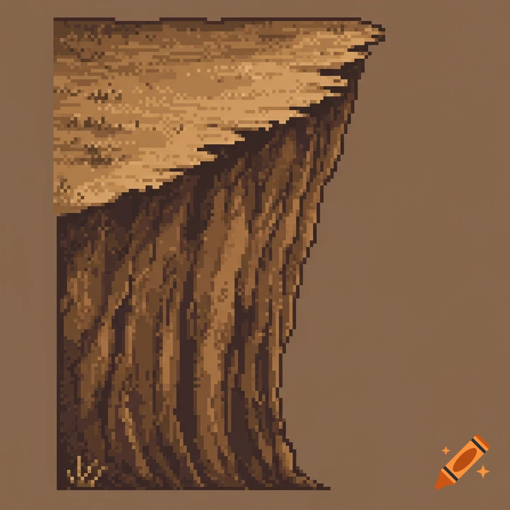Pixel art depiction of a rugged dirt terrain cliff edge with a brown background.