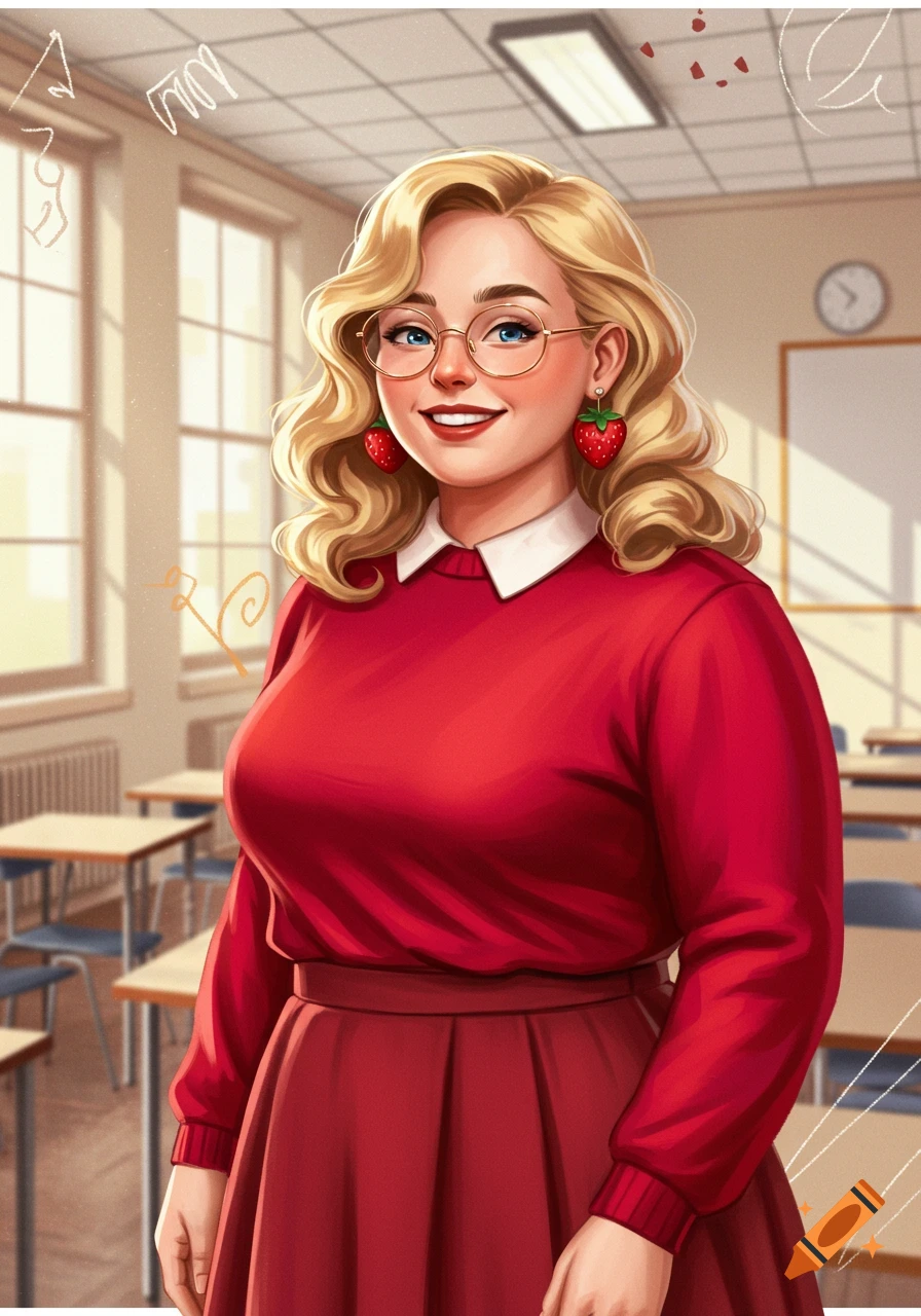 A smiling blonde woman in a red sweater and skirt with glasses and strawberry earrings stands in a classroom, digital art style.