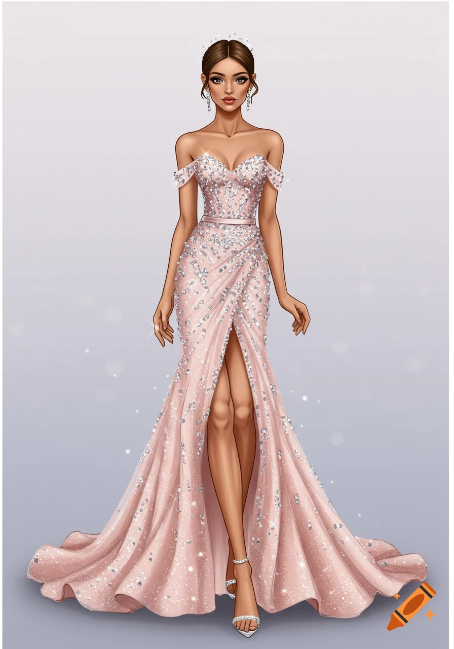 An illustrated woman in a sparkling, blush-pink, off-the-shoulder evening gown with a high slit, tiara, and heels.