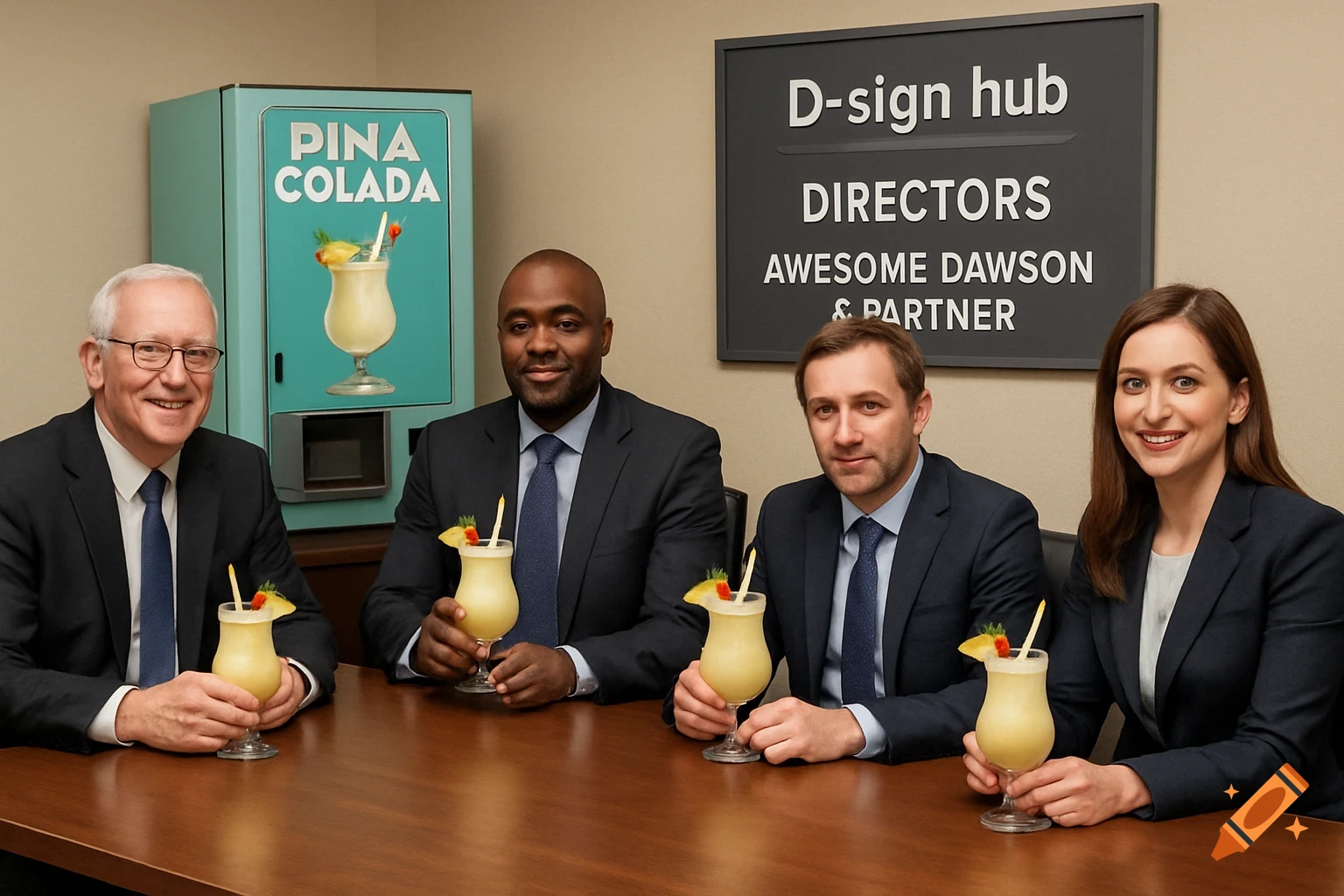 A group of diverse business professionals in suits smile at a table, each holding a pi A colada. A "Pina Colada" vending machine and a "D-sign hub Directors" sign are in the background.