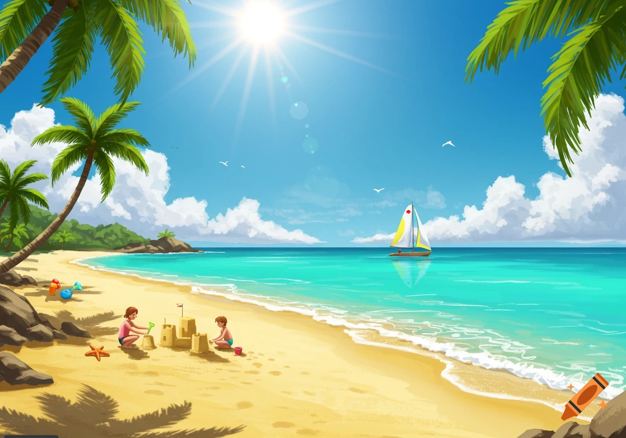 Cartoon illustration of a sunny tropical beach with two children building sandcastles, palm trees, and a sailboat on turquoise water.