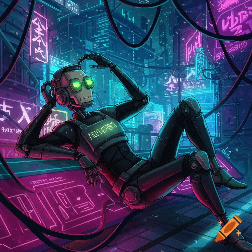 ロボット citynights A stylized robot with glowing green eyes and 