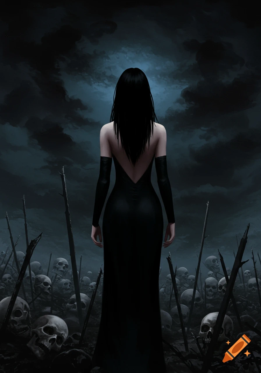 A woman in a long black dress stands with her back to the viewer in a field of skulls and stakes under a dark, cloudy sky.