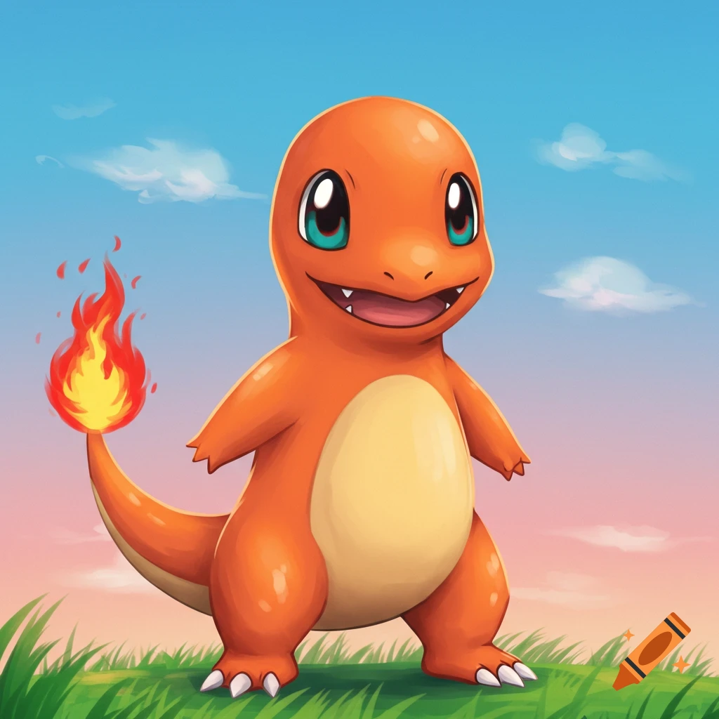 An orange cartoon Charmander with a flaming tail stands in green grass under a blue sky.