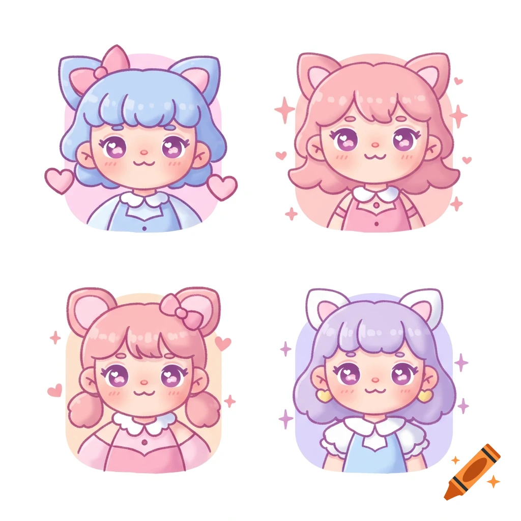 Four cute chibi-style girl characters with animal ears, pink cheeks, and large eyes, each with different hair colors.